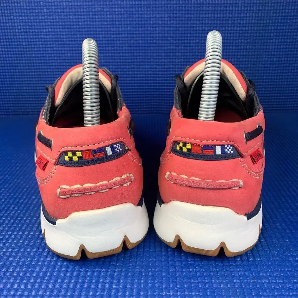 🔴 L.L. BEAN LEATHER BOAT Women`s Size 7.5 Red Salmon Navy Blue Comfort Shoes